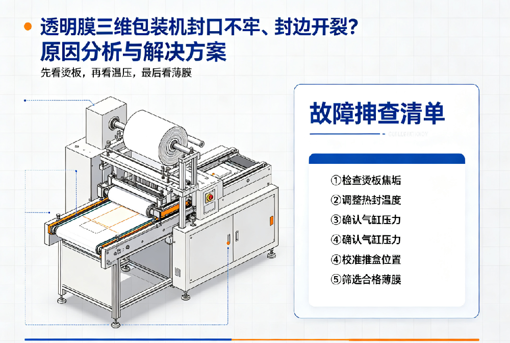 透明膜三维包装机封口不牢、封边开裂?原因分析与解决方案